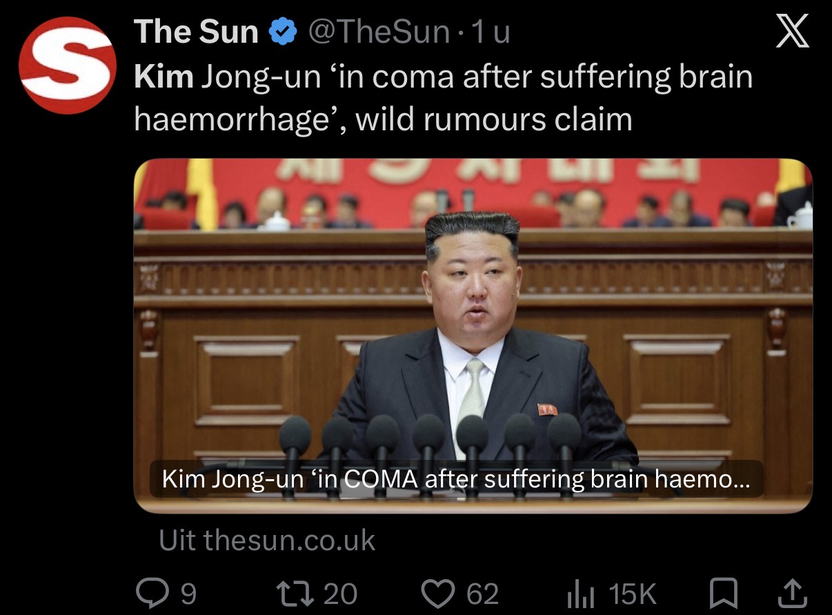 Screenshot of a social post sharing an unverified report about Kim Jong Un