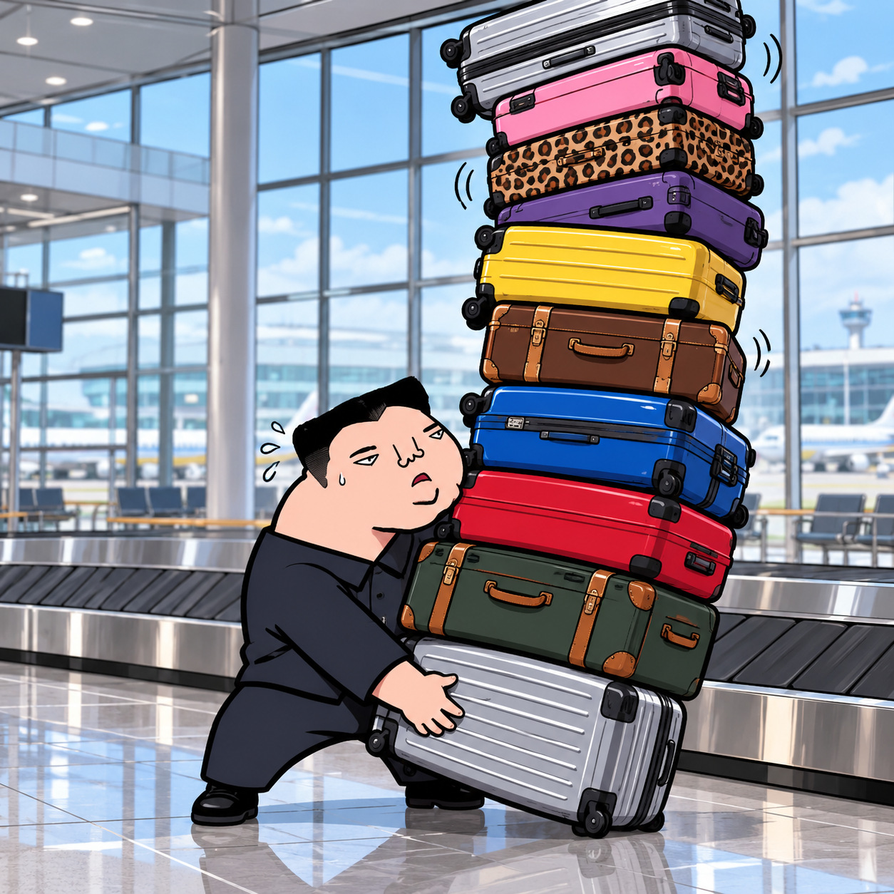 Cartoon character holding back a tall stack of suitcases in an airport baggage hall