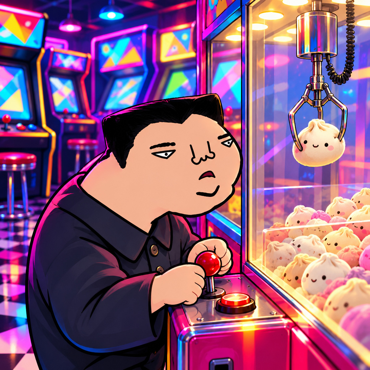 Cartoon character playing a claw machine in a colorful arcade