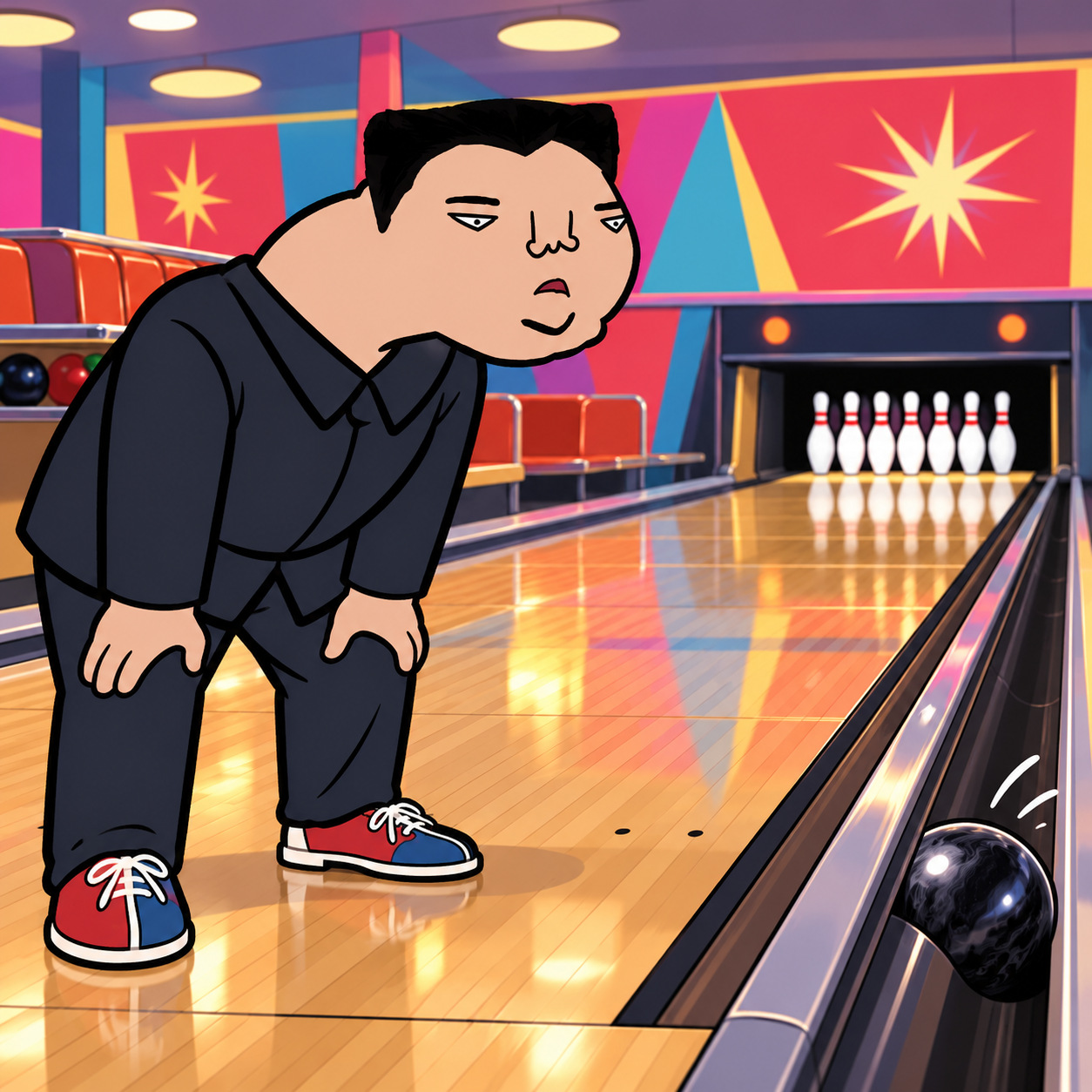 Cartoon character watching a bowling ball roll into the gutter