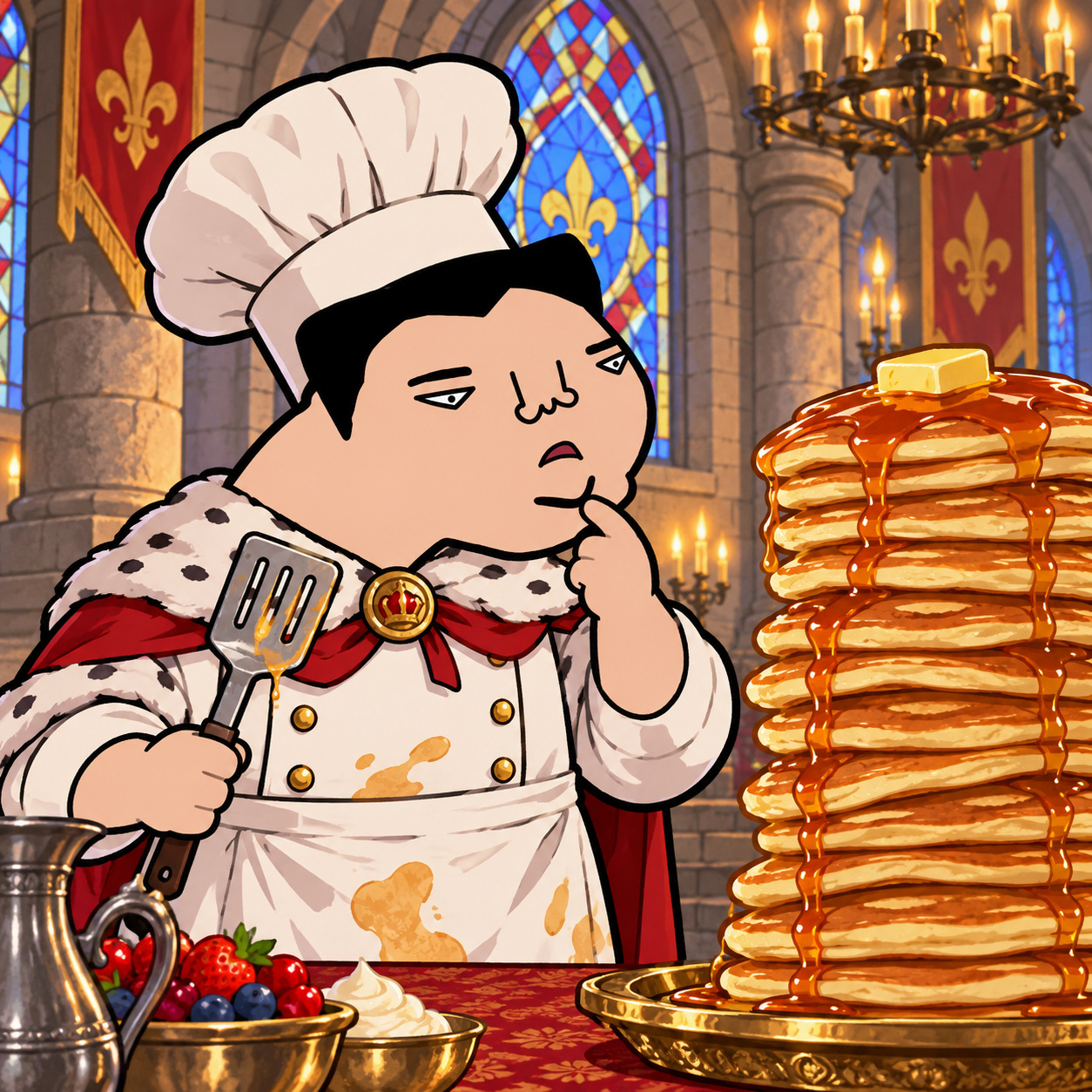 Cartoon royal chef beside a tall stack of pancakes in a castle hall