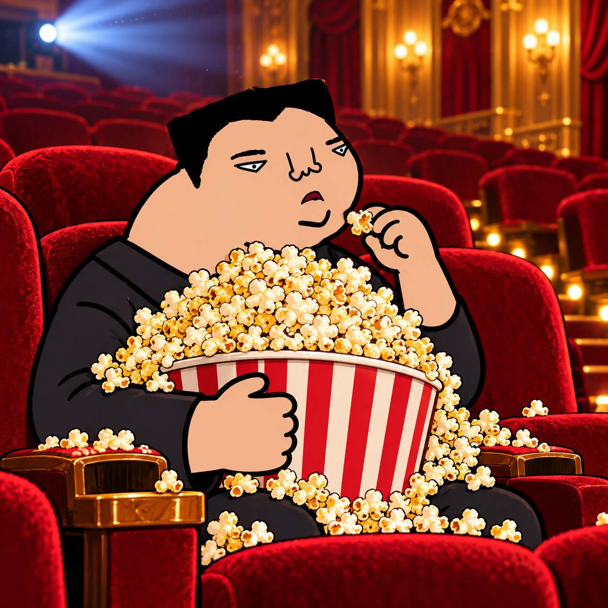 Cartoon character eating popcorn in a grand movie theater