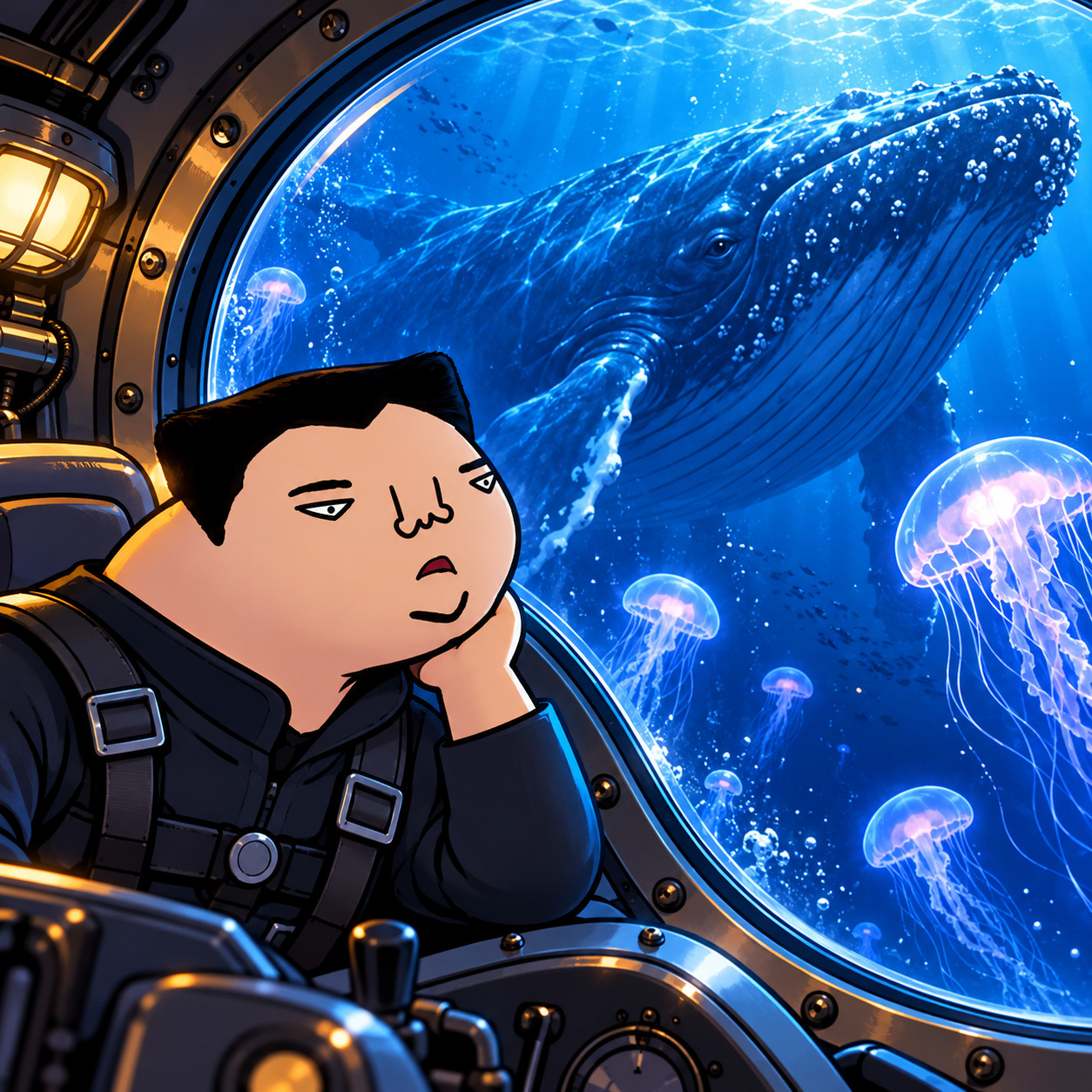 Cartoon character inside a deep-sea pod watching a whale and glowing jellyfish