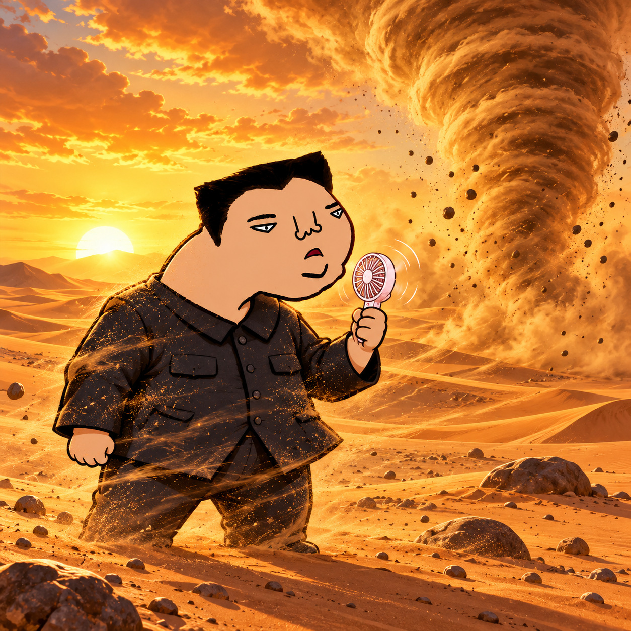 Cartoon character using a tiny fan in a golden desert
