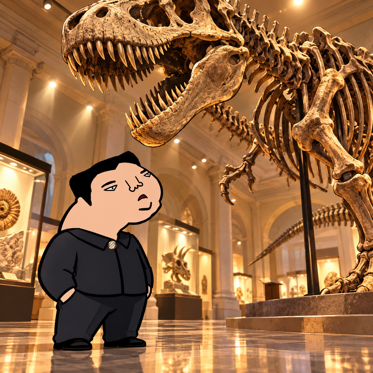 Cartoon character looking up at a huge dinosaur skeleton in a museum
