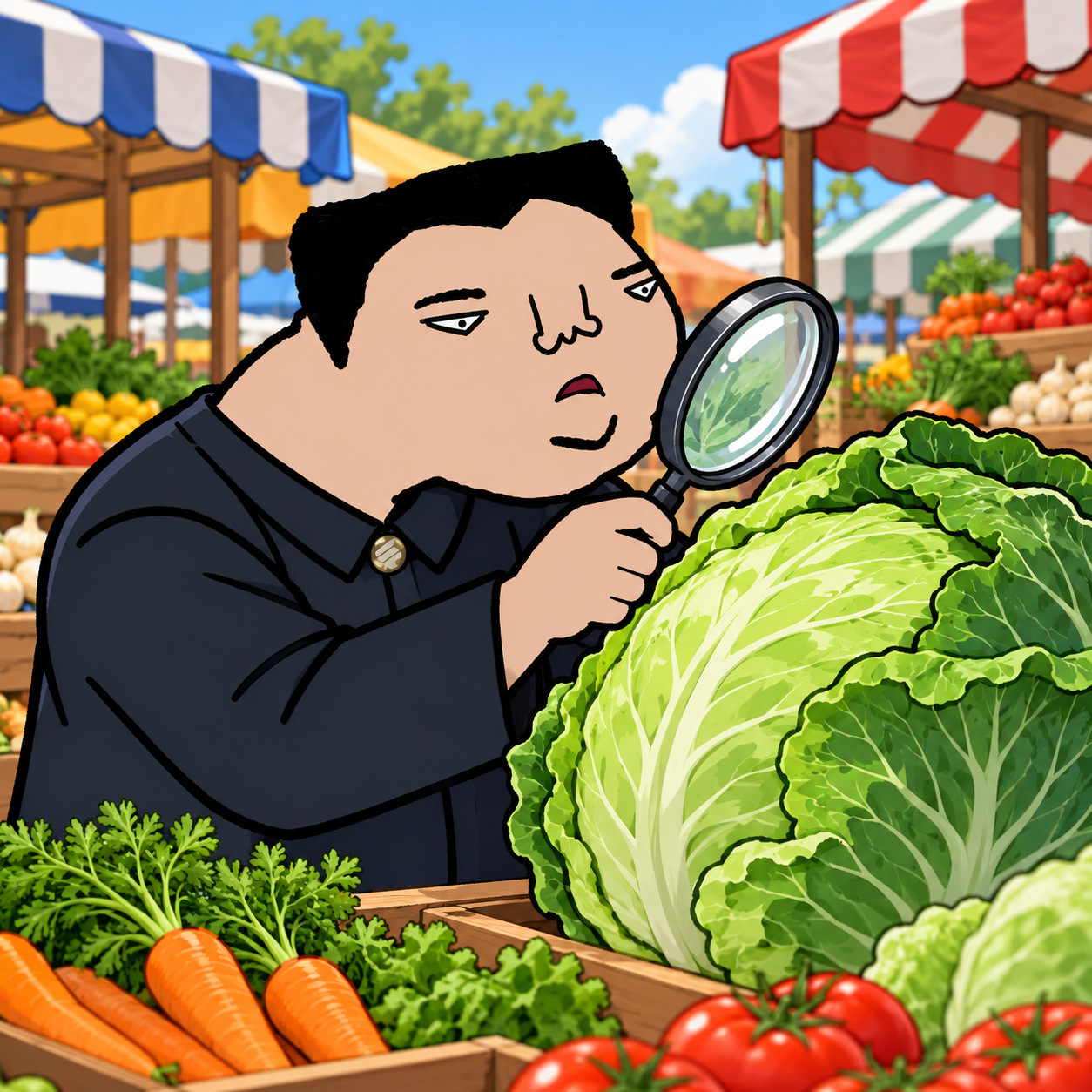 Cartoon character inspecting a giant cabbage at a market