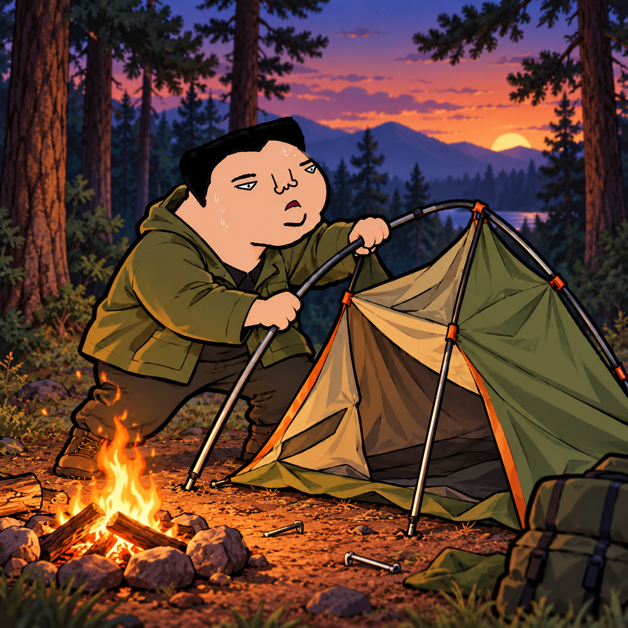 Cartoon character pitching a tent at a pine forest campsite