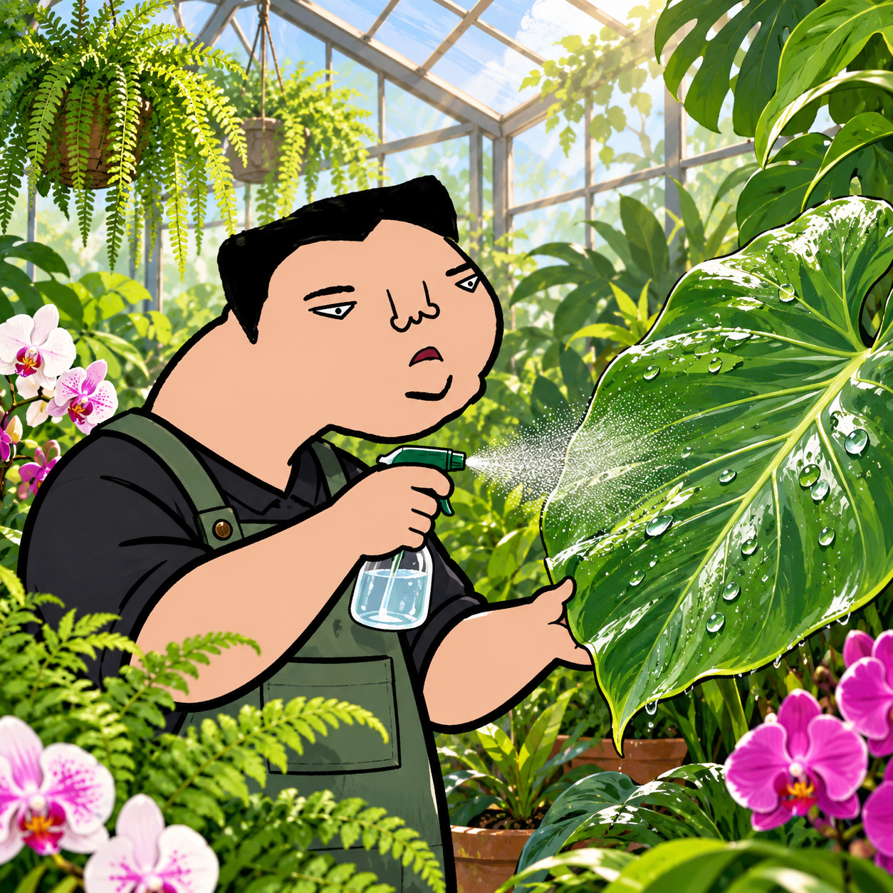 Cartoon character misting a large tropical leaf in a greenhouse