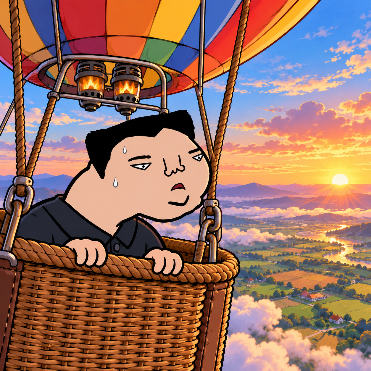 Cartoon character in a hot-air balloon above the countryside