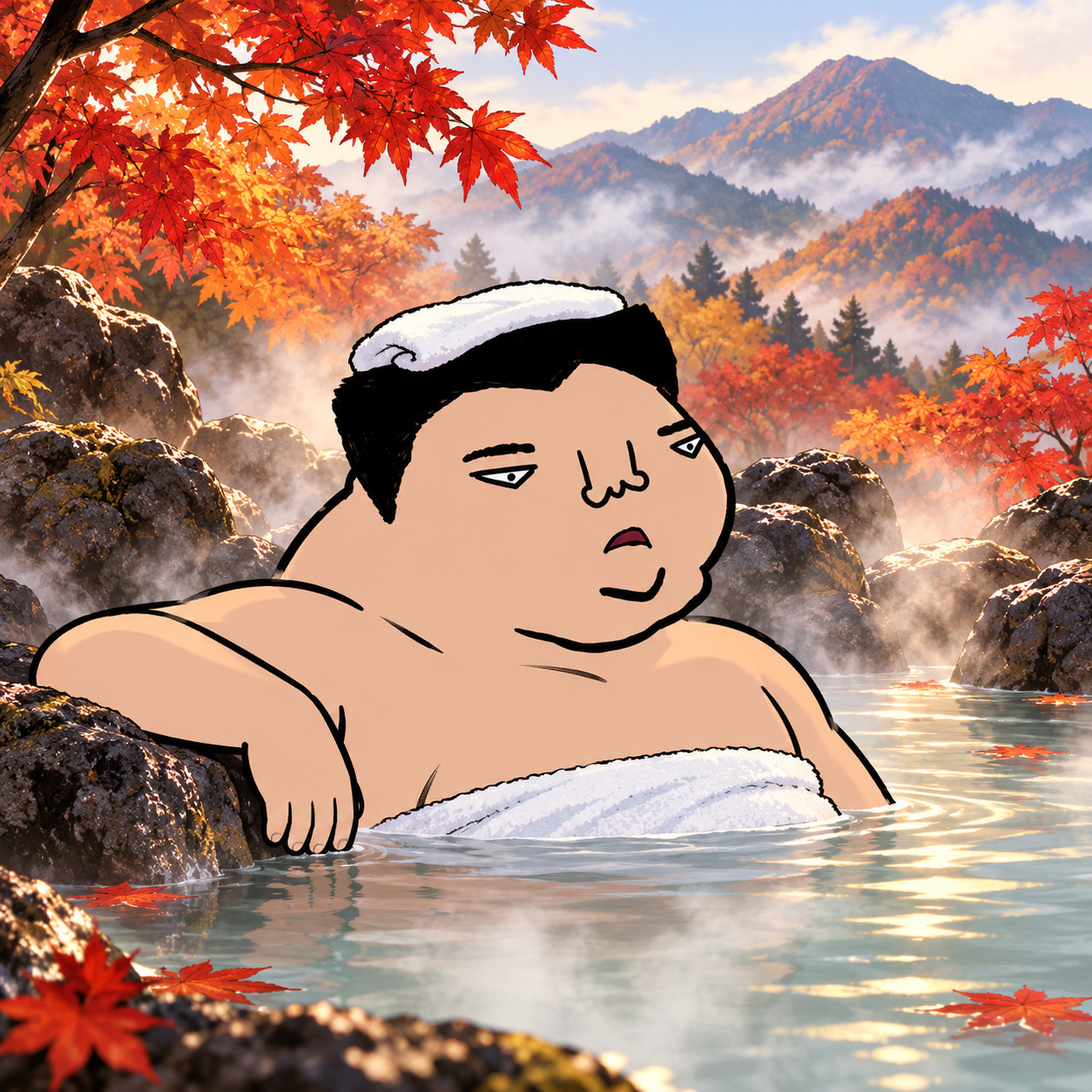 Cartoon character relaxing at a mountain hot spring