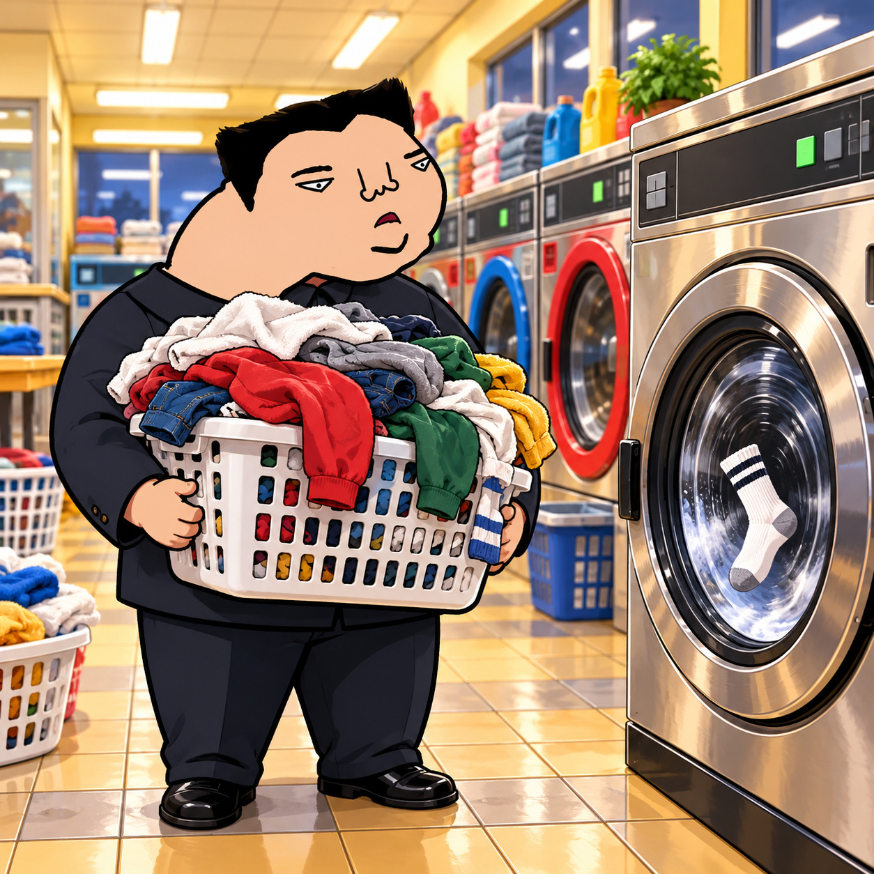 Cartoon character carrying a full laundry basket in a laundromat