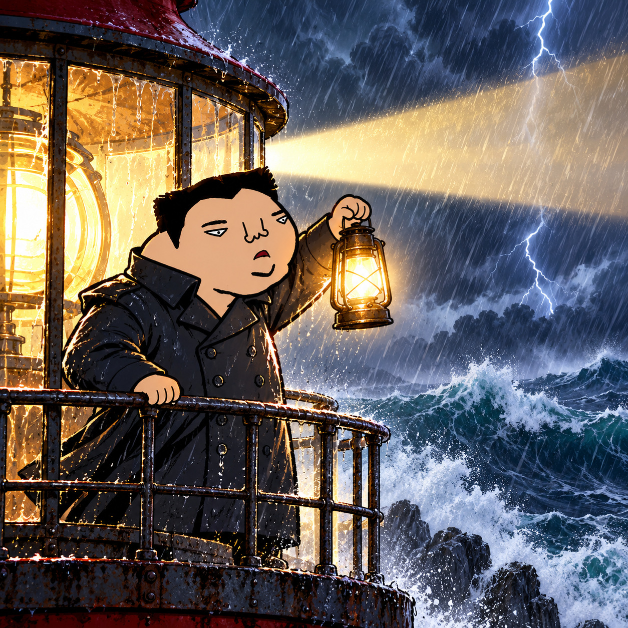 Cartoon lighthouse keeper holding a lantern in a storm