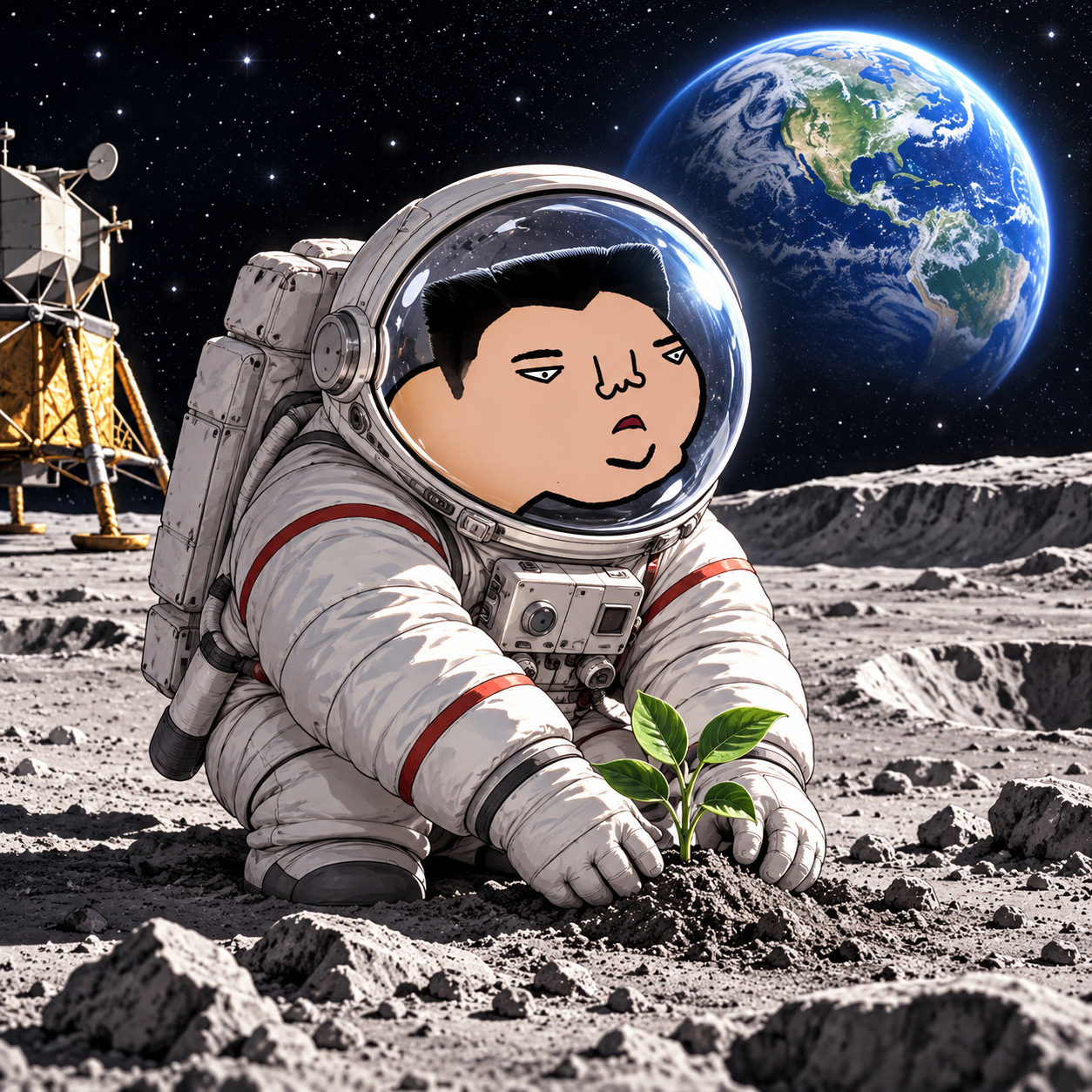 Cartoon astronaut watering a small plant on the moon
