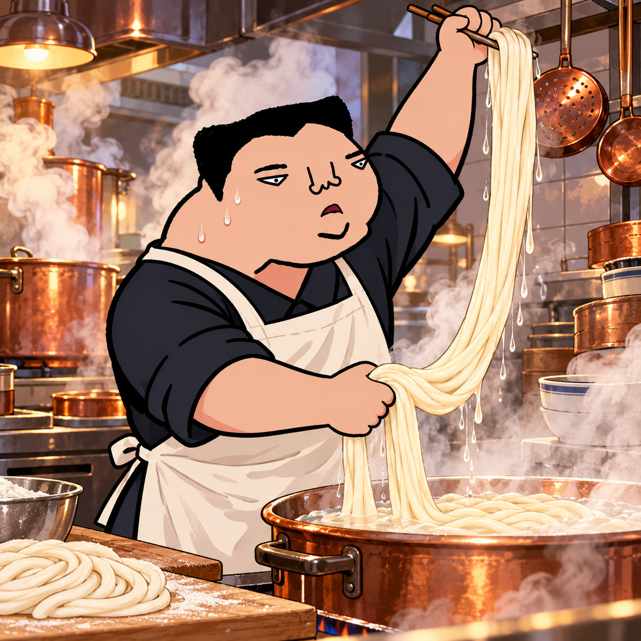 Cartoon character lifting a very long noodle in a kitchen
