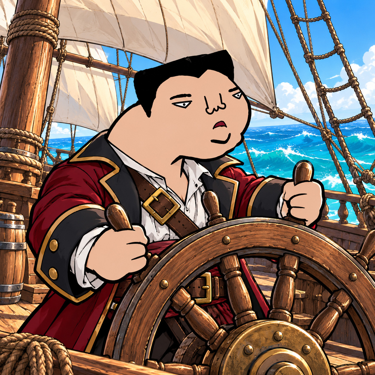 Cartoon character steering a wooden pirate ship