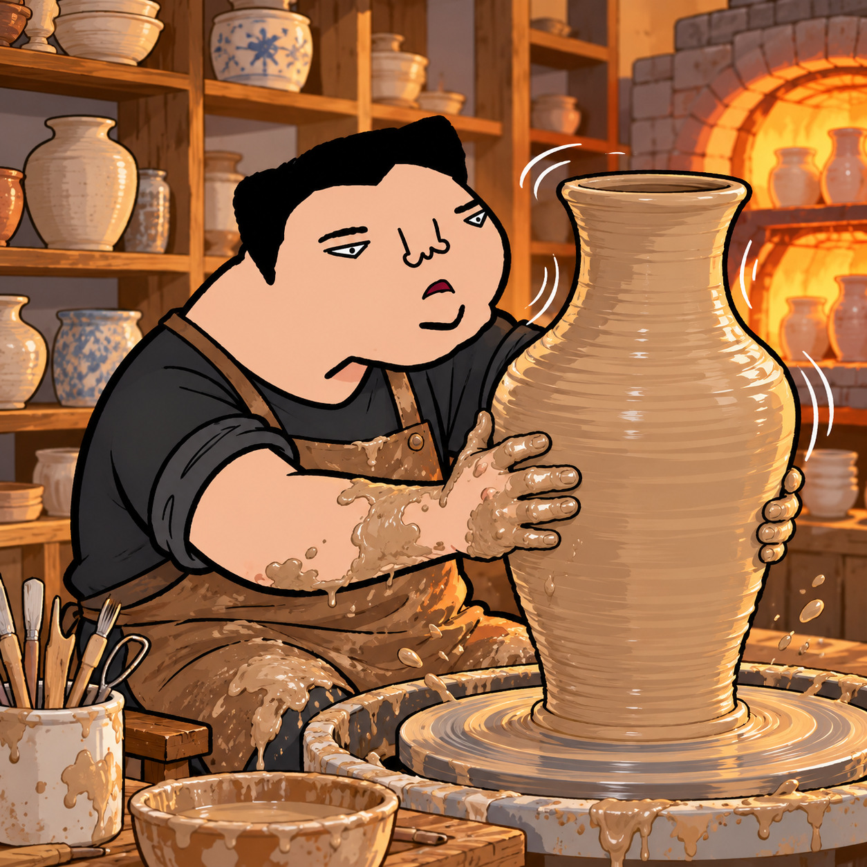 Cartoon character shaping a large clay vase in a pottery studio