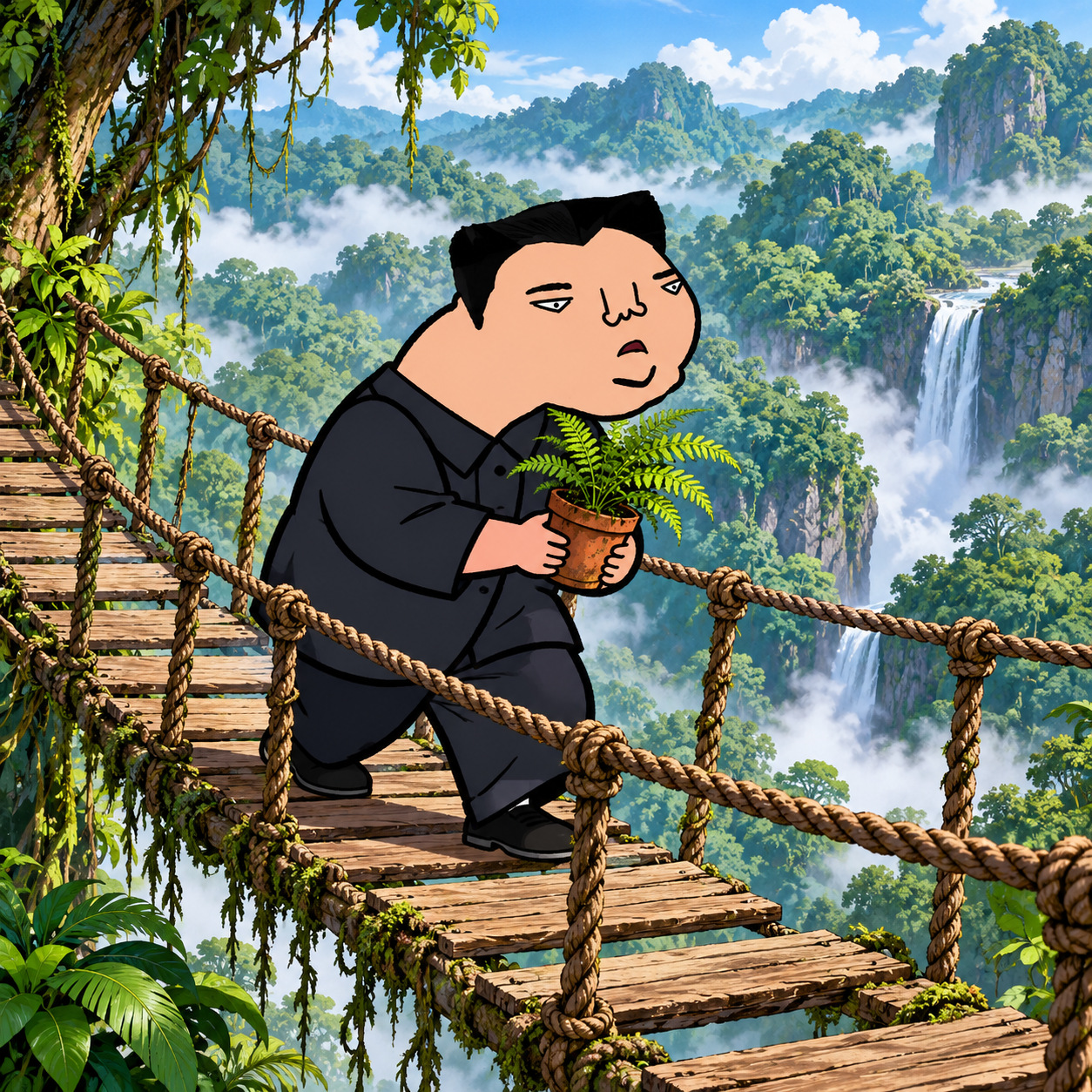 Cartoon character crossing a rope bridge high above a rainforest