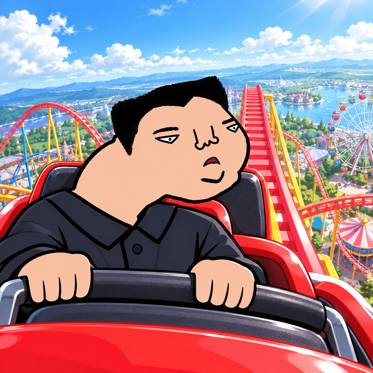 Cartoon character riding the front car of a rollercoaster