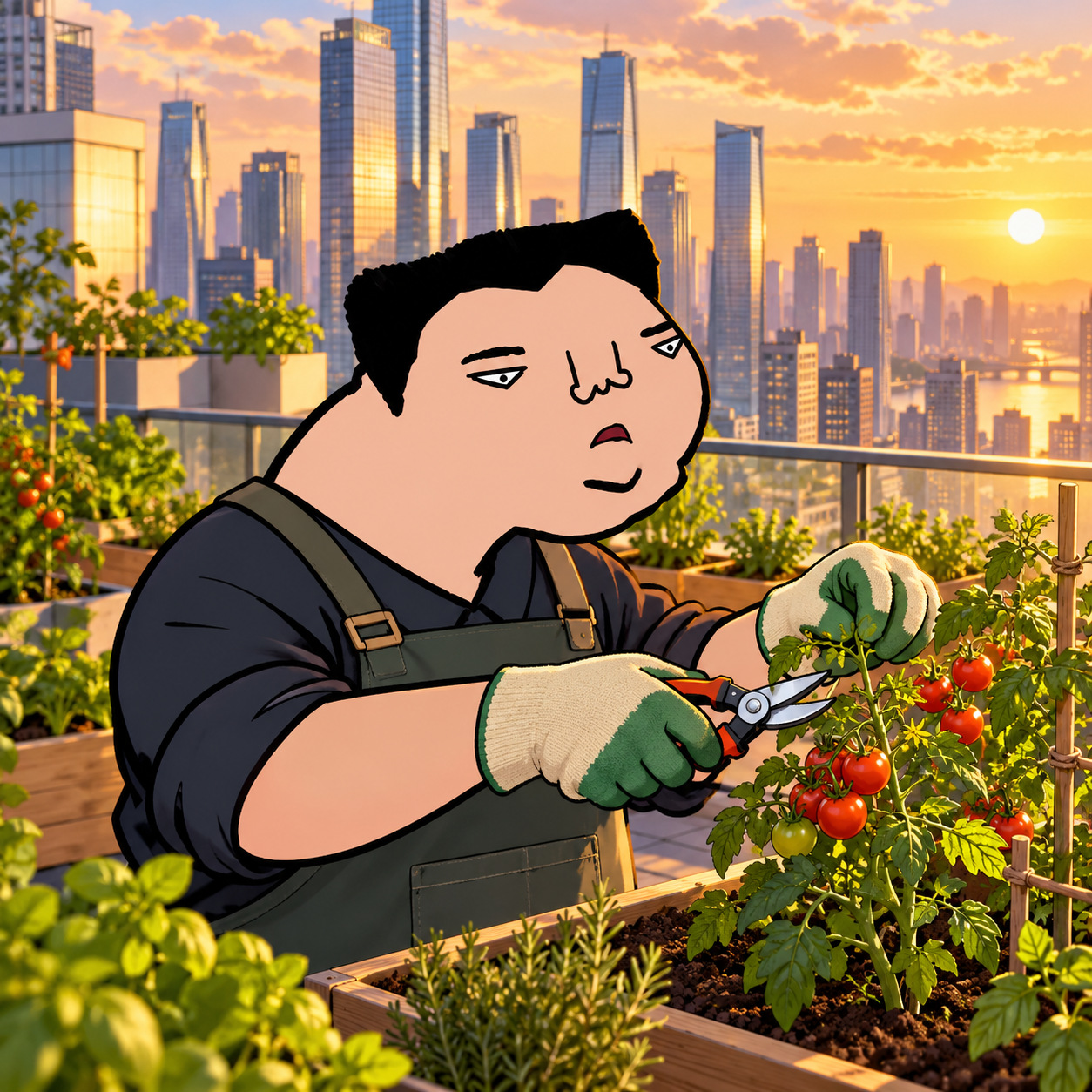 Cartoon character tending vegetables on a rooftop garden