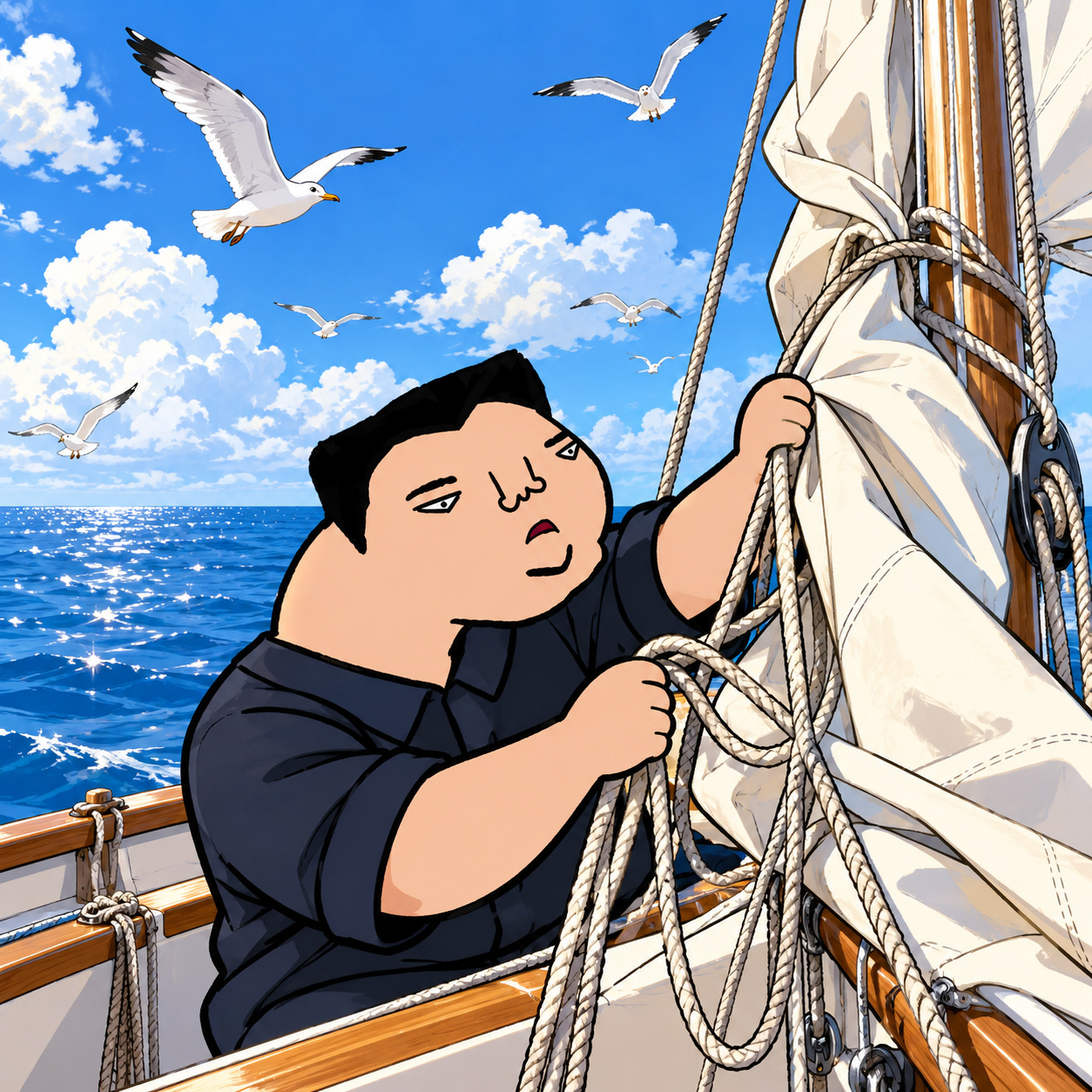 Cartoon character untangling a sail on a boat at sea