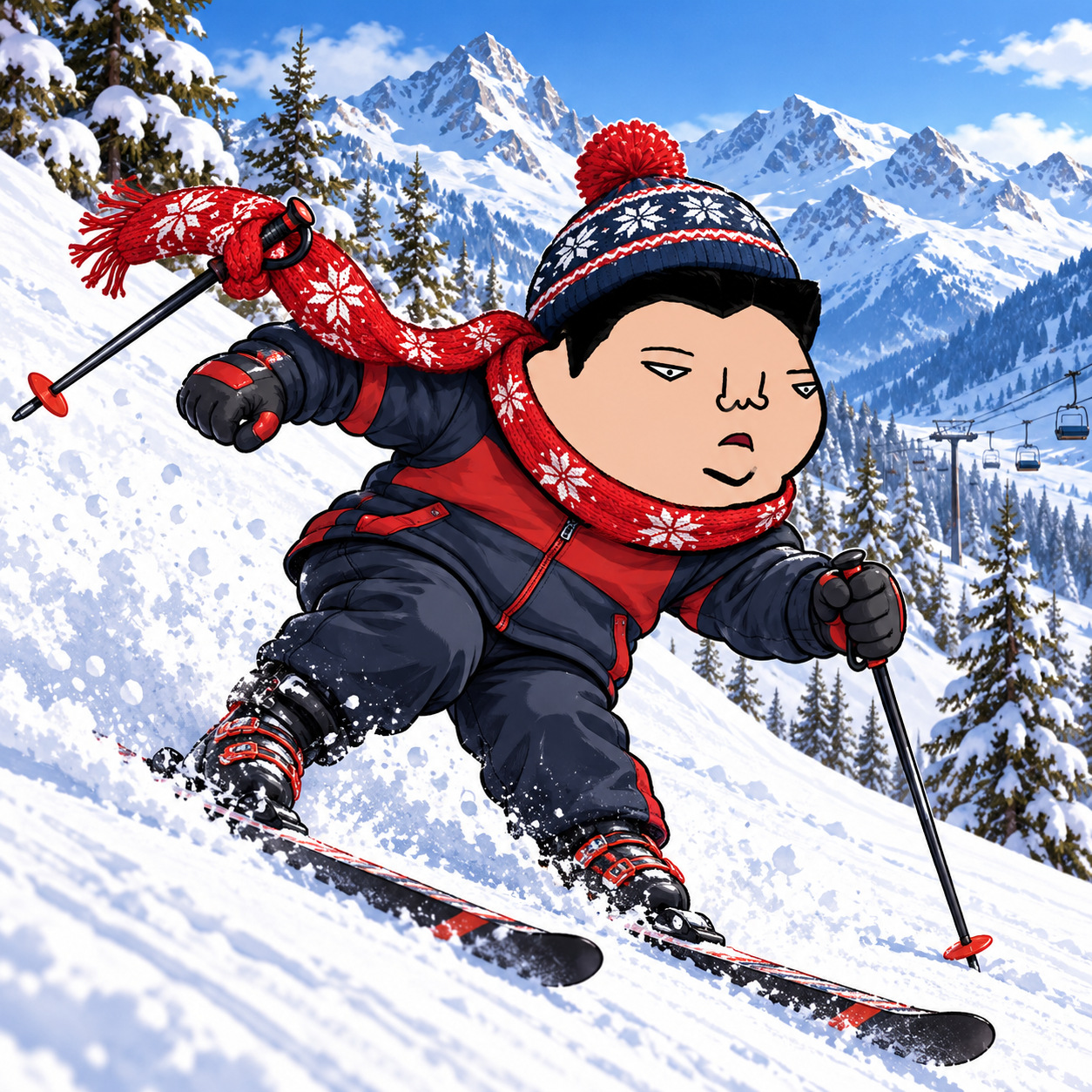 Cartoon character skiing down an alpine slope