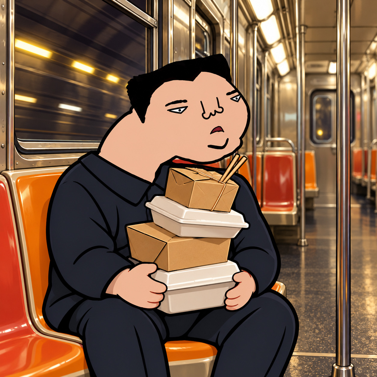 Cartoon character balancing takeout boxes in a subway car